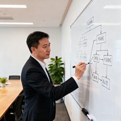 看球直播产品副总裁陈宇的个人照片，他正在会议室的白板上绘制产品架构图，展示着缜密的思维