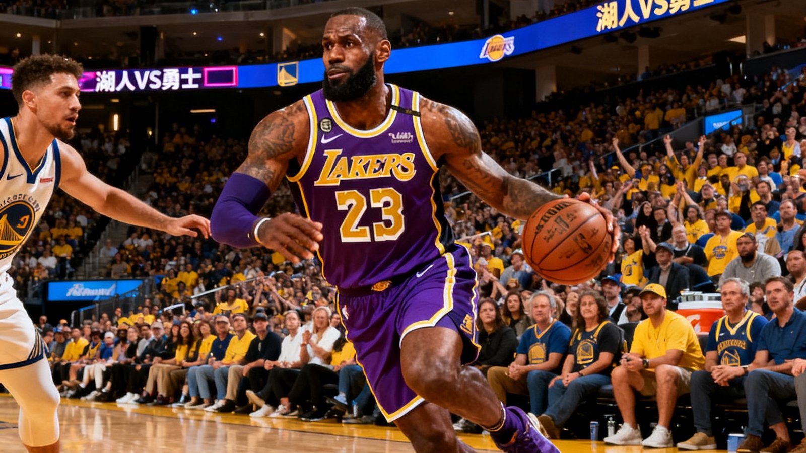 NBA常规赛湖人主场对阵勇士的直播画面，勒布朗詹姆斯持球突破内线，斯台普斯中心座无虚席